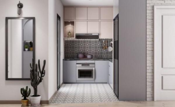 Kitchen set minimalis dengan pemanfaatan dinding vertikal
